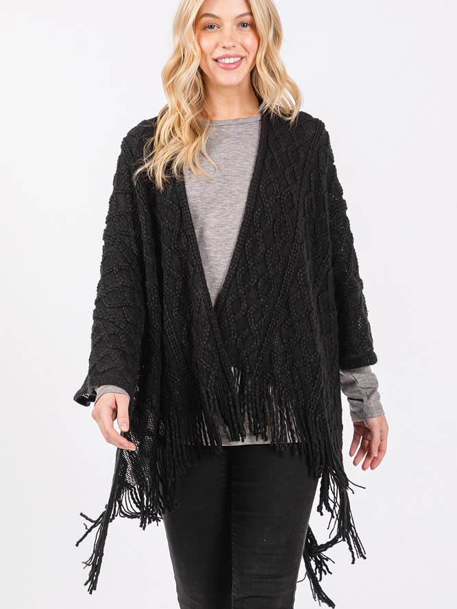 Hana – wholesale Cardigan – Women’s – Diamond Pattern Tassel Knit Ruana Winter Cardigan6