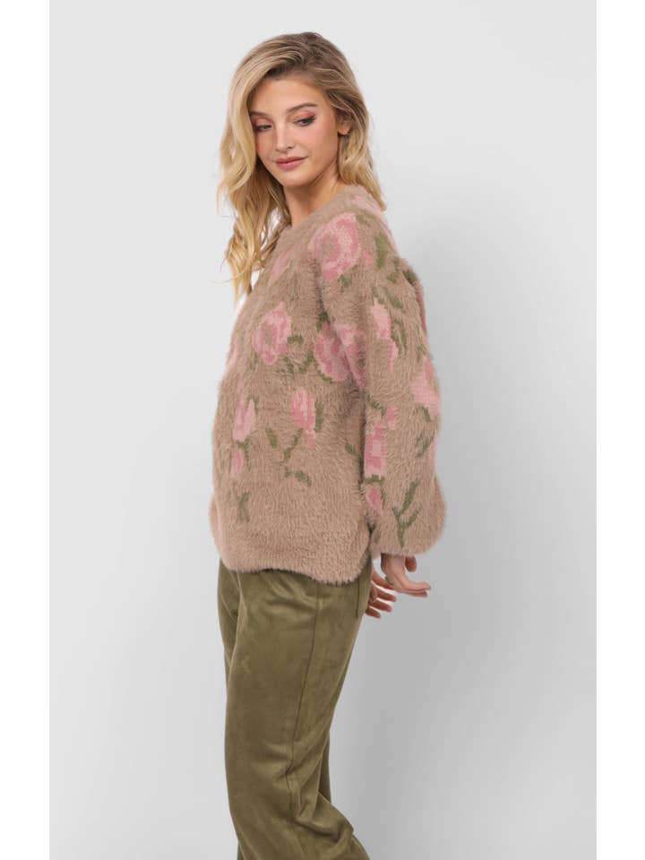 Sadie & Sage - Wholesale Knitted jumper – Women′s - Camila Eyelash Yarn Jacquard Pullover Sweater : TAUPE MULTI9