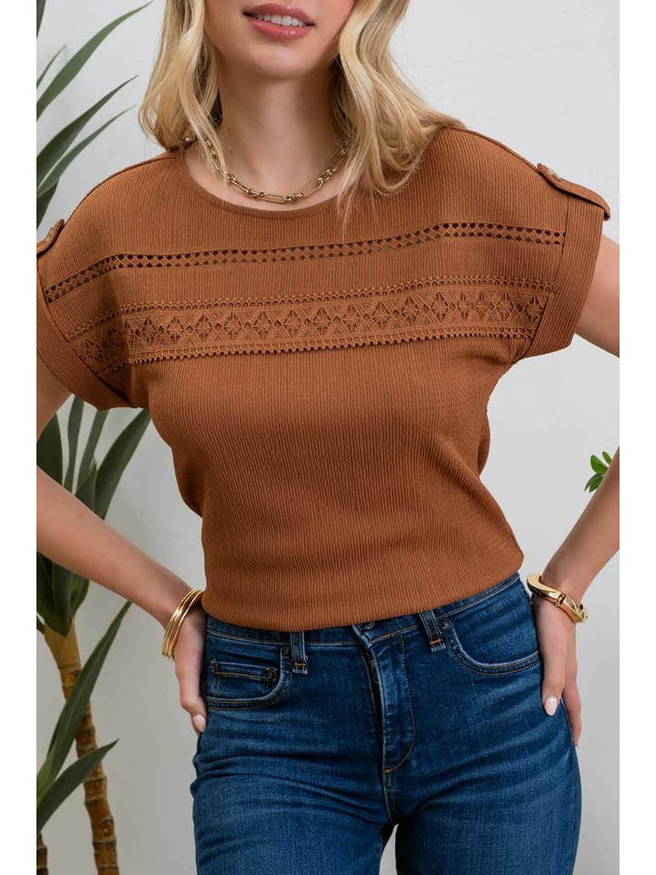 Blu Pepper - Wholesale Knit top – Women's - SHORT TAB SLEEVE LACE TRIM CRINKLE KNIT BLOUSE17