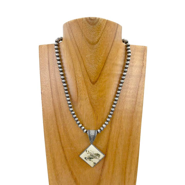 NKZ231209-21 15 inches silver Navajo pearl beads with square cowboy pendent Necklace for wholesale by Western Elite Jewelry