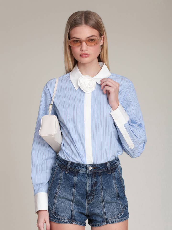 Rosette Detail Cotton Contrast Shirt for wholesale by Avec Les Filles