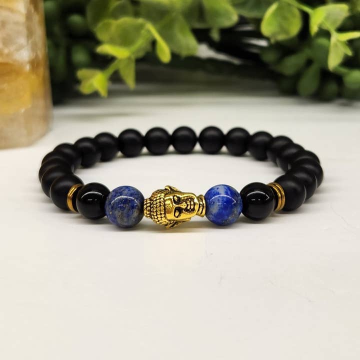 Meraki Gemstones – Engroshandel Perlearmbånd – Buddha perle med Lapis & sort Obsidian-mat armbånd 8mm