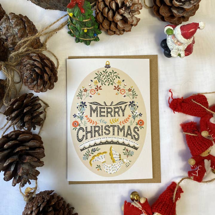 Folk inspired Merry Christmas Bauble greetings card LMXM10 for wholesale by Lise Marie prints