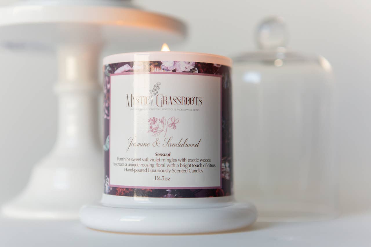 Jasmine + Sandalwood Luxury Glass Encased Candle - 10 oz for wholesale by Mystic Grassroots