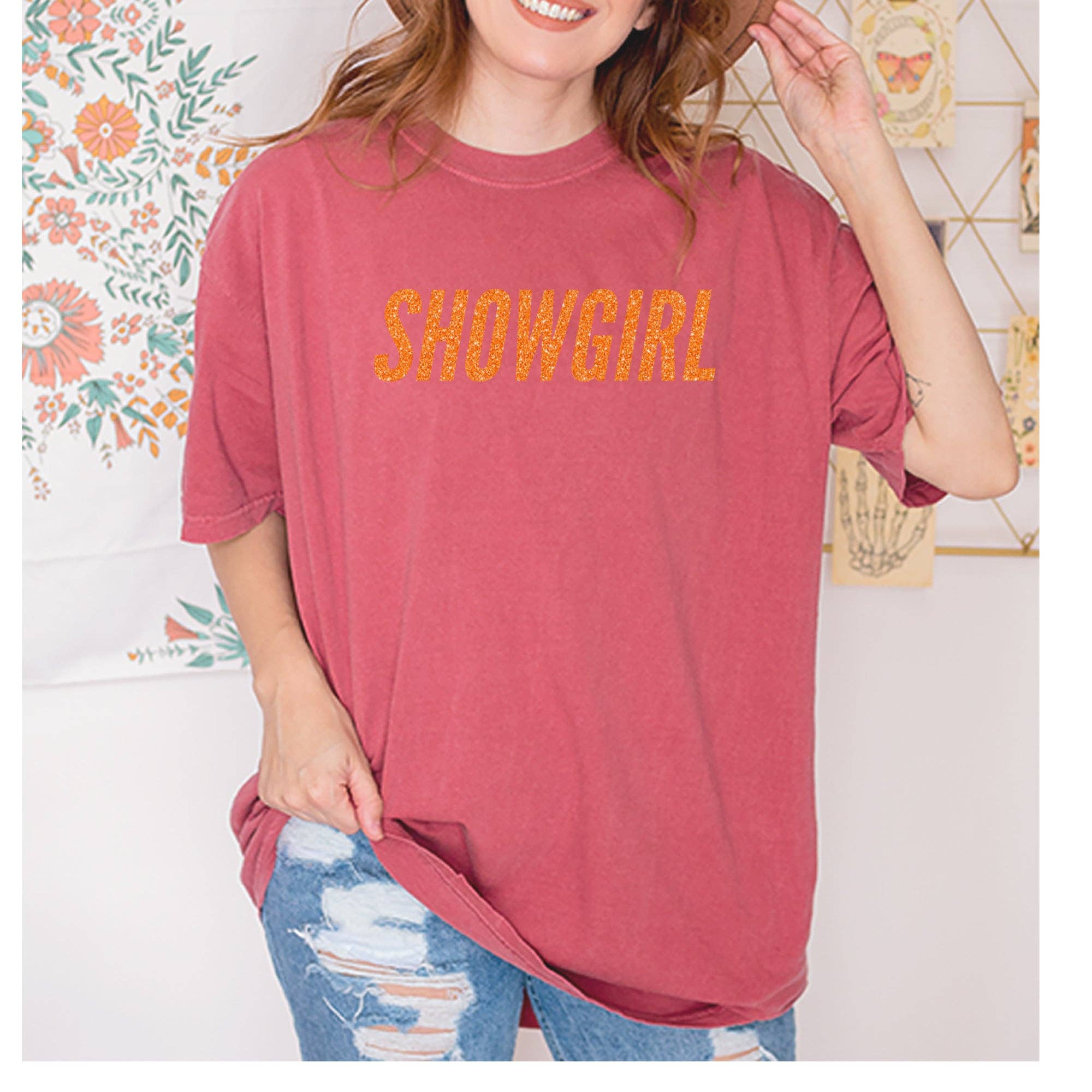 Expression Tees - Vente T-shirt sérigraphié – femme - T-shirt unisexe vintage doux à paillettes orange Showgirl15