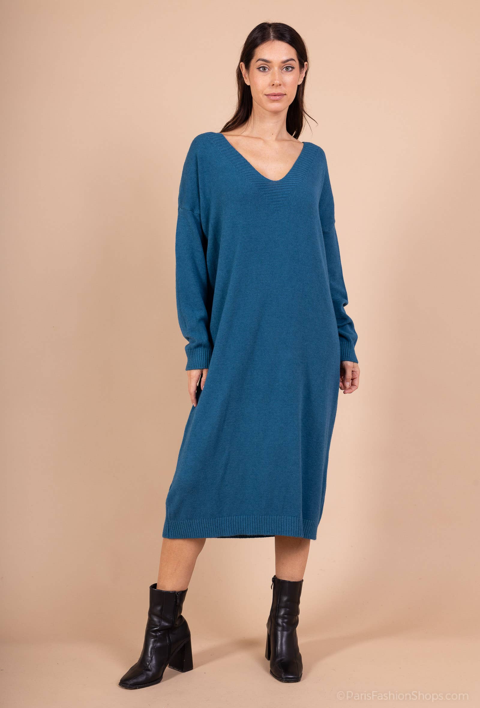L'Emotion - Vente Robe – femme - Robe Pull Maille Fine Bord-Côtes Côtelé Col V10