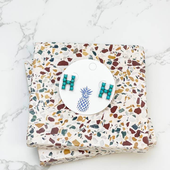 Prep Obsessed Wholesale - Wholesale Stud/Post Earrings - Semi-Precious Turquoise Initial Post Earrings5