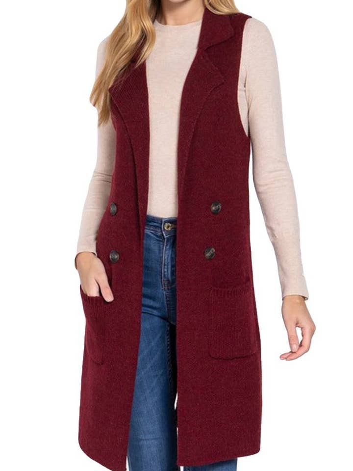 Plus Size Side Pocket Long Sweater Vest for wholesale by Vanilla Monkey
