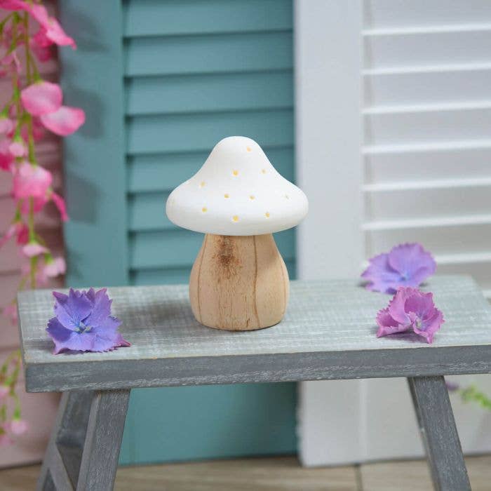 Langs - Wholesale Decorative Tabletop Object - Mushroom Toadstool Flat Porcelain White Led Light With Wood Base0