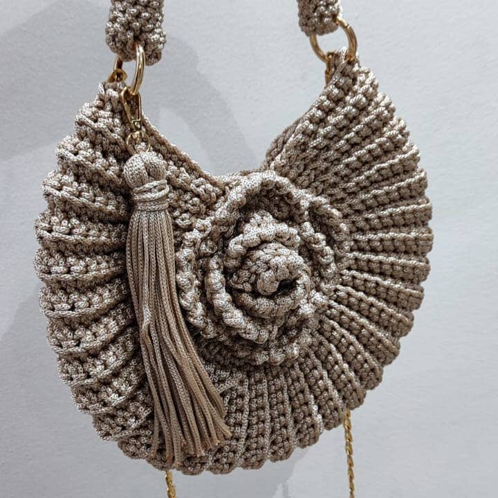 Beige CHQEL Macrome Mussel Rose Clutch Bag Handmade Crochet Bag for wholesale on Faire