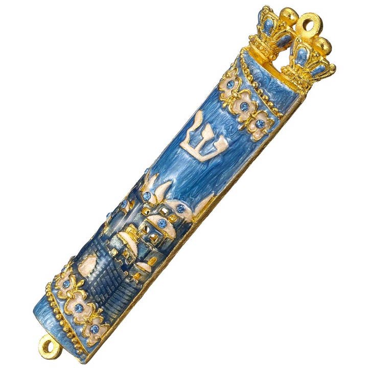 Matashi - Wholesale Decorative Tabletop Object - Matashi Hand Painted Blue Enamel Mezuzah with Gold Accents