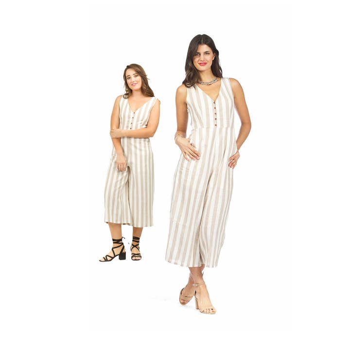 PP03848 BEIGEFARBENER, gestreifter Overall im Schürzenstil für den Großhandel von Papillon