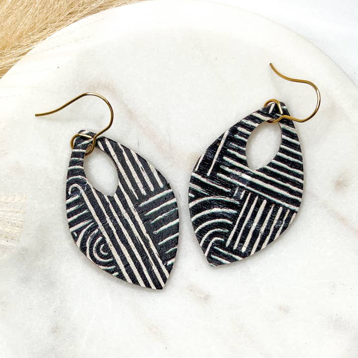 Black and White Geometric Leather Teardrop Earrings for wholesale by Fran and Bel