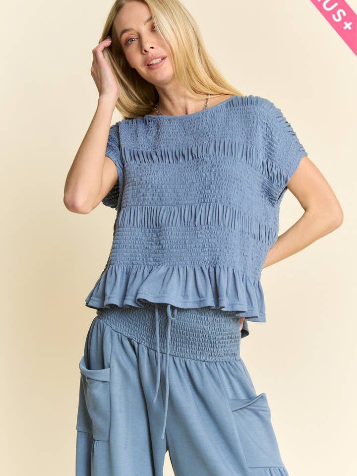 PLUS RUFFLE CAP SLEEVE TOP AND WAISTBAND PANTS SET for wholesale by Davi & Dani