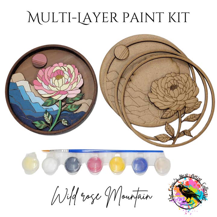 Layered art kit Wild Rose Mountain for wholesale by The Crow’s Nest Artist Collective