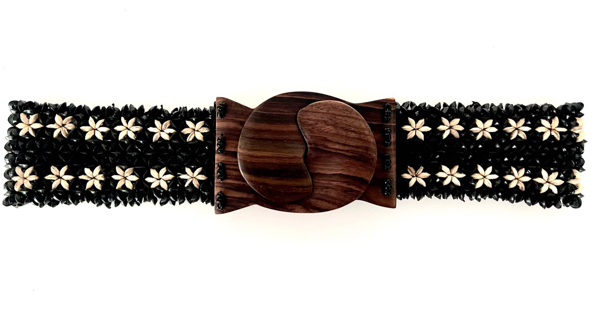 Erik & Mike - Wholesale Belt - Women's - Coco Bead Stretch Belt w/ Wood Buckle, Black with cream