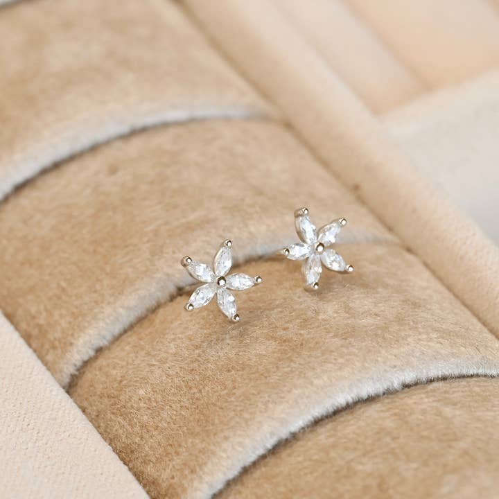 Blueyejewelry - Wholesale Stud/Post Earrings - Marquise Flower Studs - 925 Silver Diamond Flower Earrings