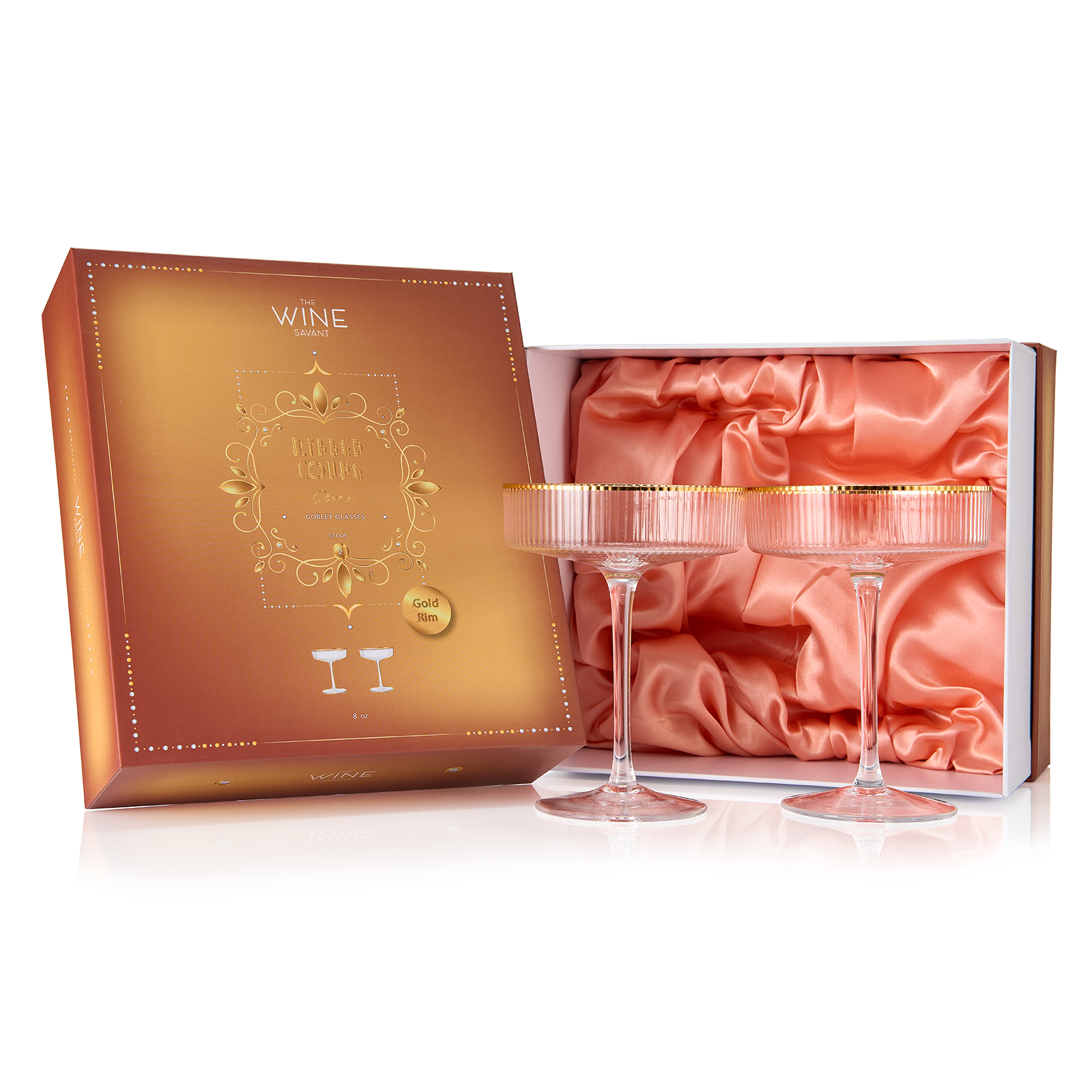 The Wine Savant /  Khen Glassware - Wholesale Cocktail/Liquor Glass - Ribbed Art Deco Gilded Crystal Coupe  Glasses | Set of 20