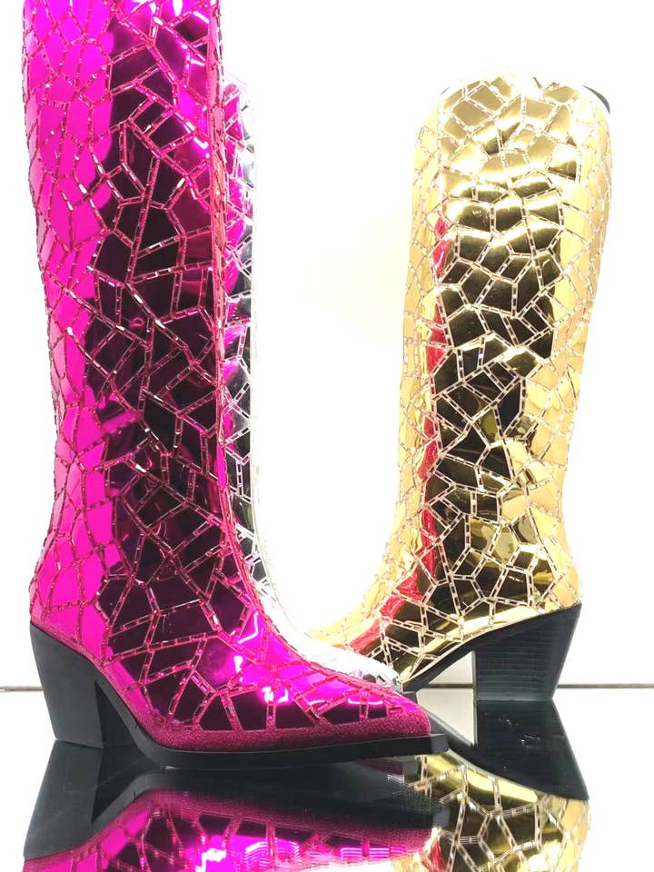 Pazzle - Wholesale Cowboy Boots - Women's - MILEY-12 Women's Knee High Mirrored Metallic Western Boot