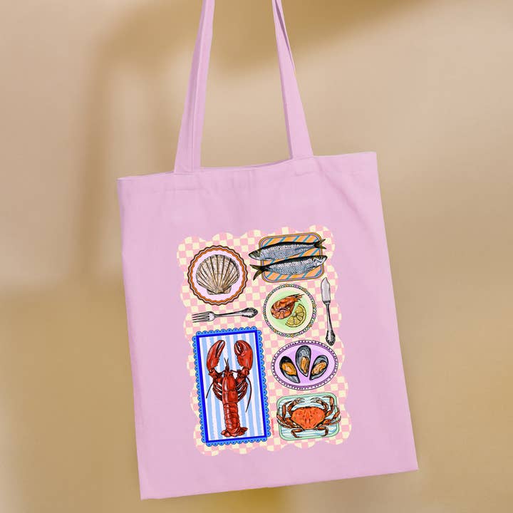Coastal Seafood Graphic Printed Tote Bag for wholesale by Arttbyannie