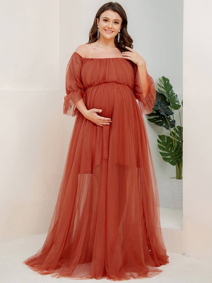 Ever-Pretty - Wholesale Dress - Maternity - Plus Size Puff Sleeves Mesh Maternity Dress8