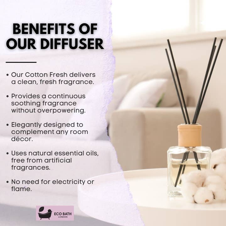 Eco Bath London - Wholesale Reed Diffuser - Eco Bath London Cotton Fresh Reed Diffuser 100ml (3.38 Fl.Oz) - Luxurious Calming Reed Diffuser for Home Fragrance3