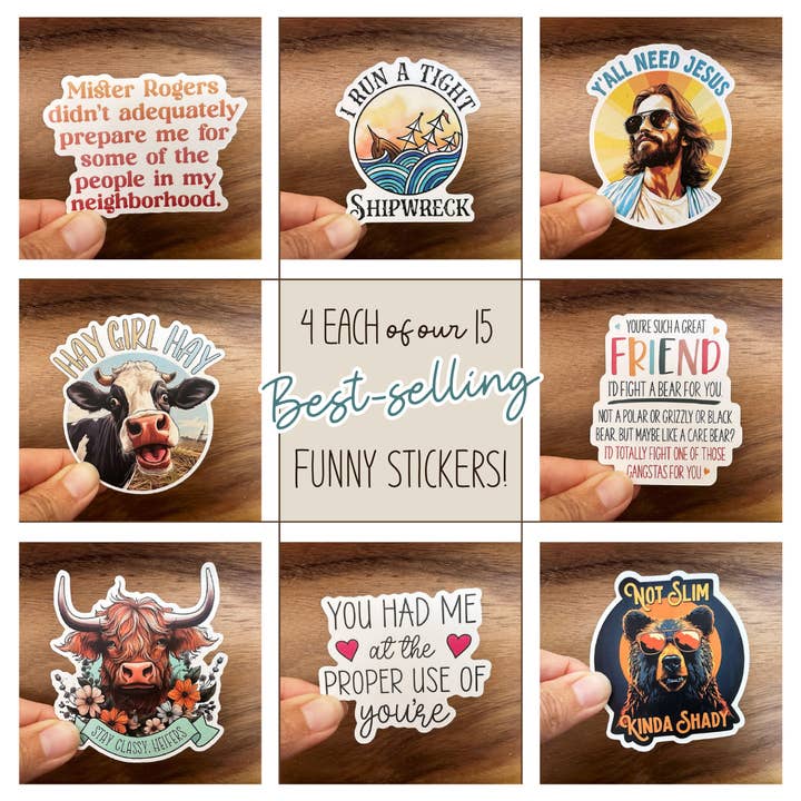 4 Each of Our 15 Best-Selling Funny Stickers! No Guesswork. for wholesale by Missional Merch