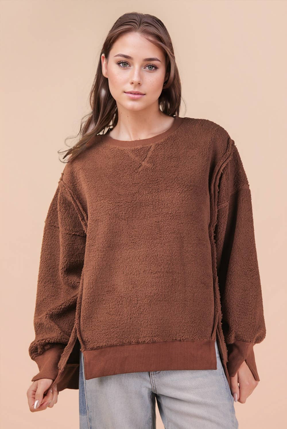 VERY J - Venta al por mayor Sudadera - Mujer - NT12367-Top de forro polar sólido casual de gran tamaño5