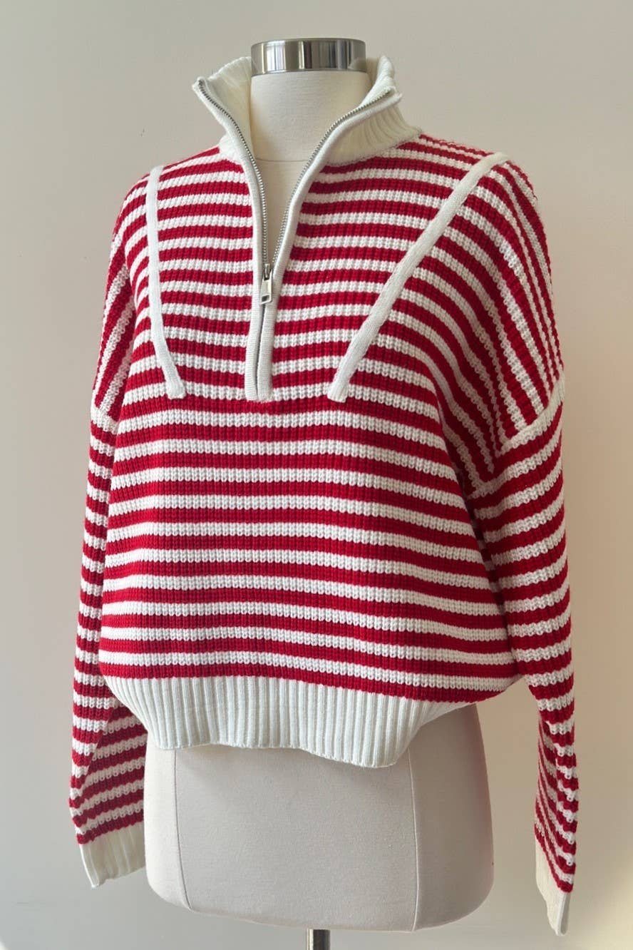 Creamon - Wholesale Knit Sweater - Women's - Preppy Californian Half-zip Striped Sweater-GREEN1