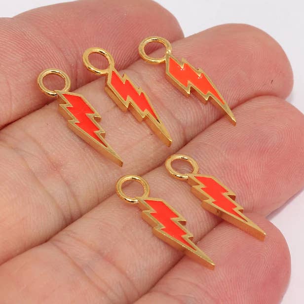 24k Shiny Gold Plated Charm, Orange Lightning Charms, MLS66 for wholesale by QueenJewelryM
