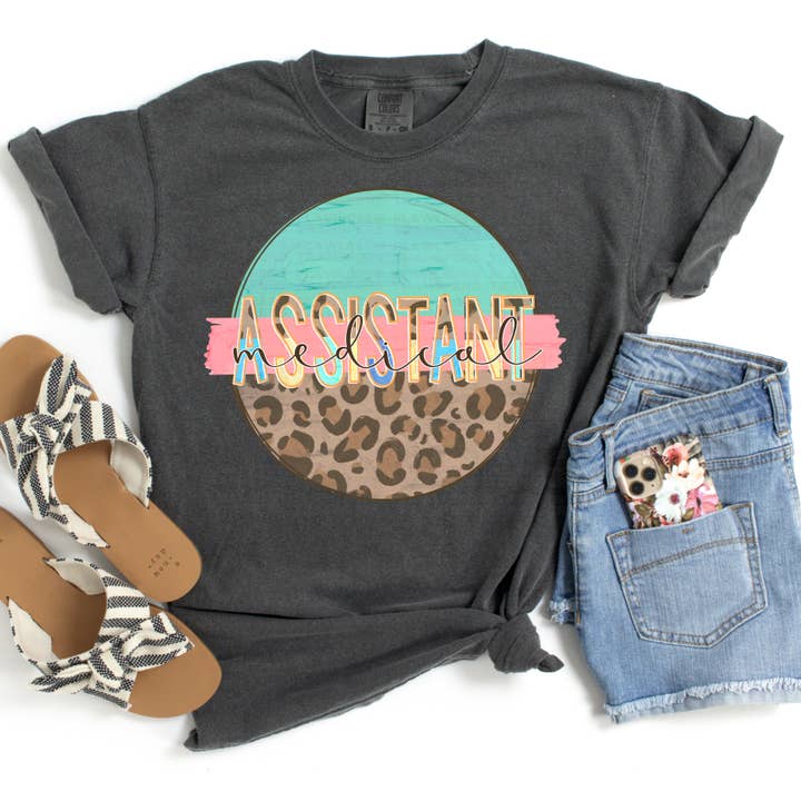 Medical Assistant Round Leopard Print And Mint DTF Transfer for wholesale by Flawless Transfers