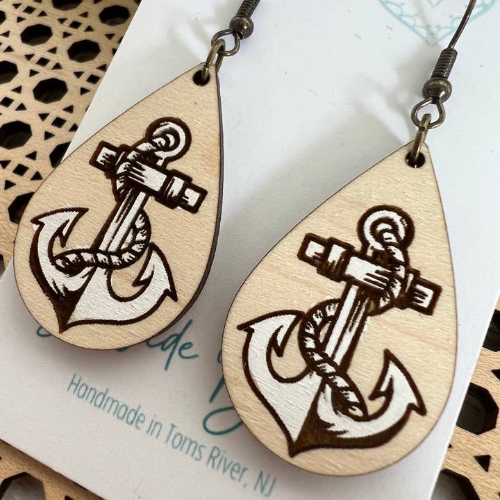 anchor lightweight wood hand painted earrings blue or white for wholesale on Faire2