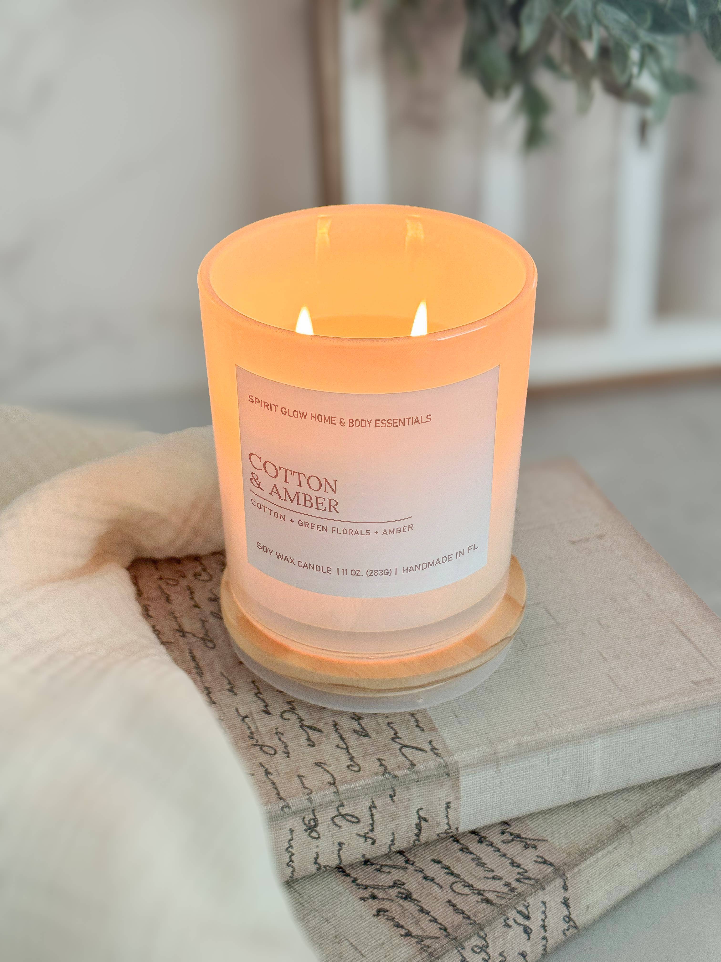 Spirit Glow Home & Body Essentials – wholesale Jar/filled candle – Cotton & Amber- 11oz. Iridescent White Glass Soy Wax Candle