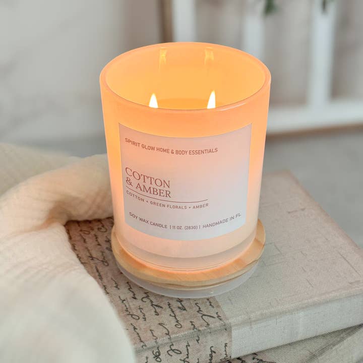 Spirit Glow Home & Body Essentials – wholesale Jar/filled candle – Cotton & Amber- 11oz. Iridescent White Glass Soy Wax Candle 0