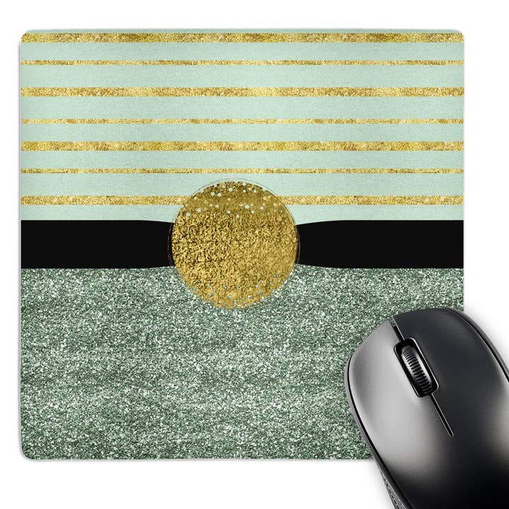 3dRose, Moderne Mintgrønne og Guldstriber, Glitter, Guldcirkel, Musemåtte for engroshandel hos 3dRose