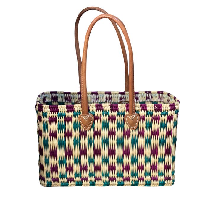 HandHappiness - Vendita all'ingrosso Borsa per shopping/spesa - Cesto per la spesa intrecciato a mano in giunco - Verde e Viola - 3