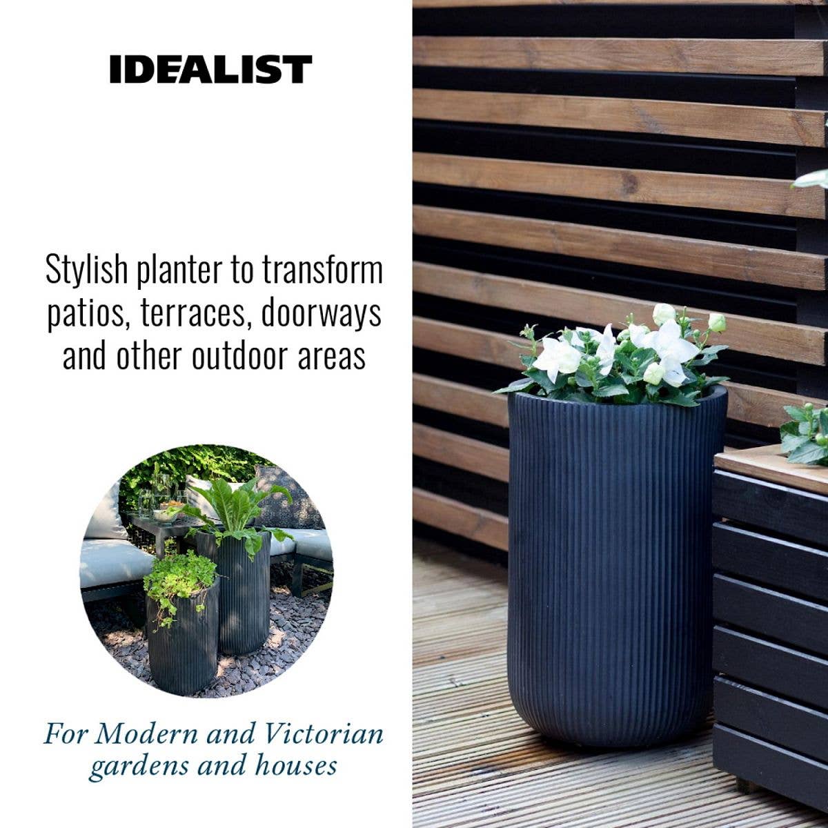 Black IDEALIST Ribbed Cilinder Outdoor Planter for wholesale on Faire4
