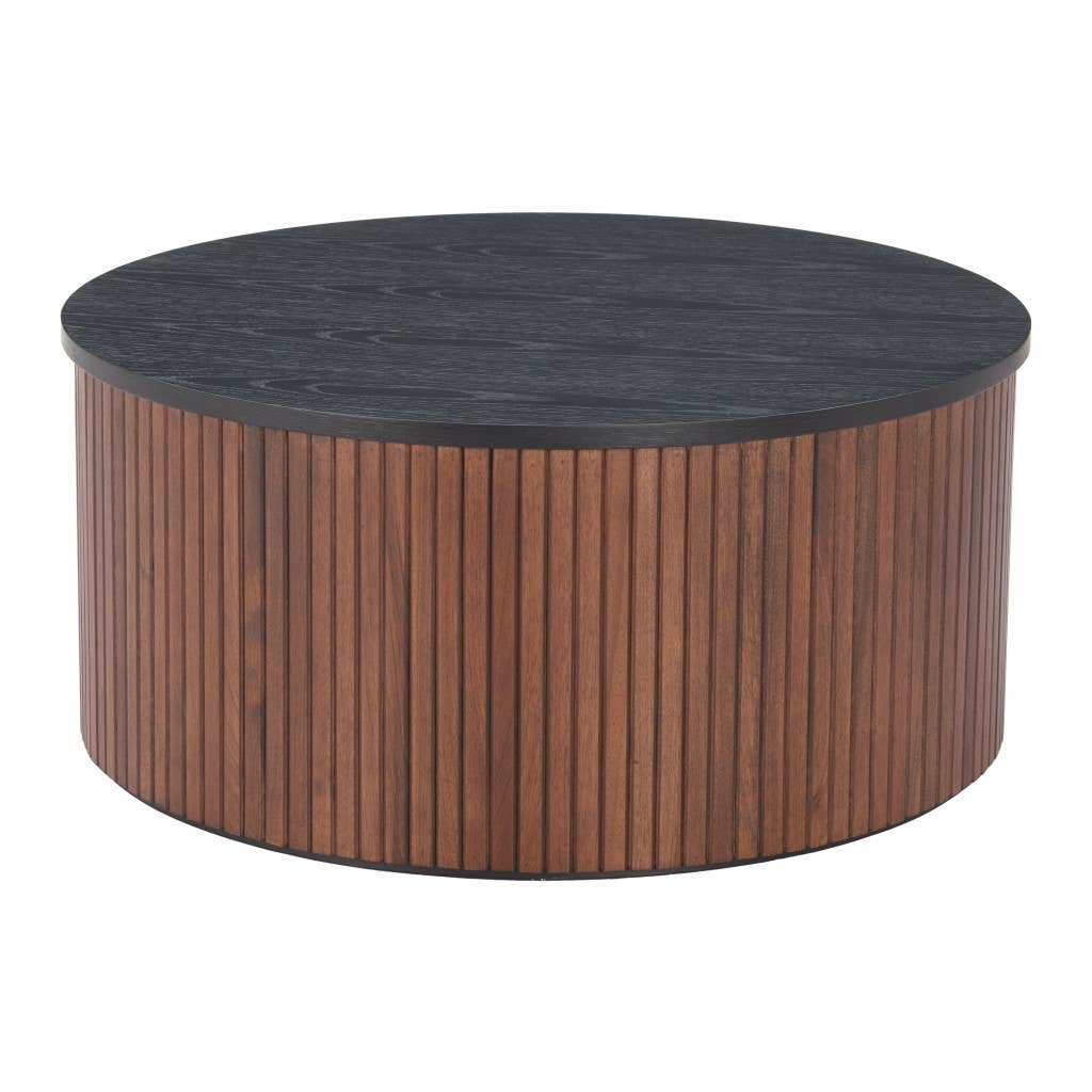 HomeRoots - Wholesale Coffee Table - 32" Black and Walnut Wood Round Drum Coffee Table5