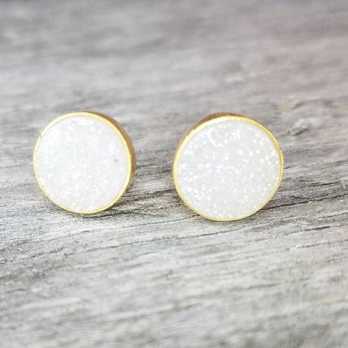 Sosie Designs - Wholesale Stud/Post Earrings - Gold Druzy Quartz Studs Earrings 9MM - Rainbow White
