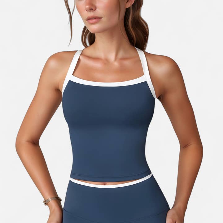 Active by Anna-Kaci - Wholesale Athletic Top - Women's - Square Neck Cropped Active Tank with Contrast Trim and Built13