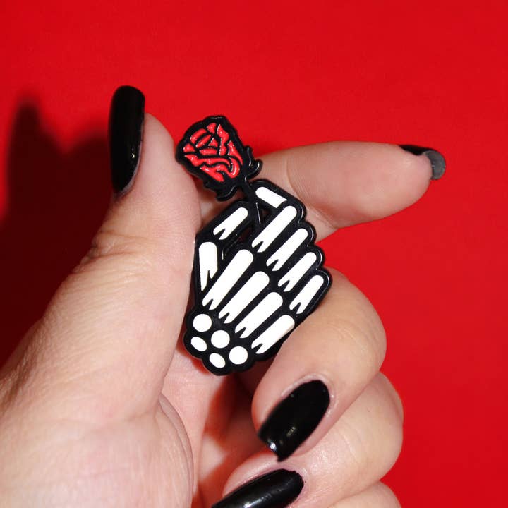New Heights Studio - Wholesale Lapel Pin/Button - "Skeleton Rose" Soft Enamel Gothic Halloween Pin (1.65' in.)