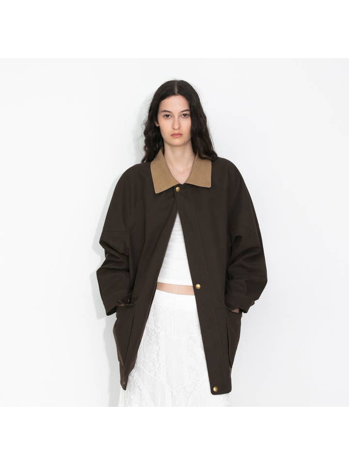Brown Cropped Faux Suede Jacket with Contrast Collar for wholesale on Faire2