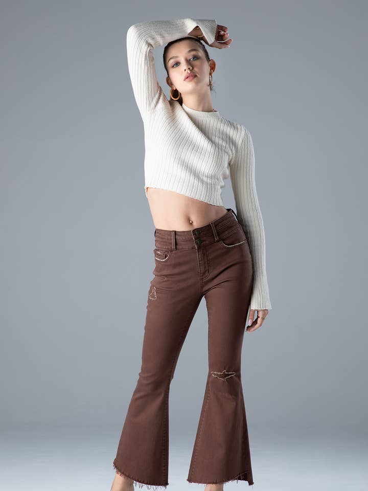 Jean évasé en denim moka taille haute Distress pour femmes, automne pour la vente par Ceros Jeans