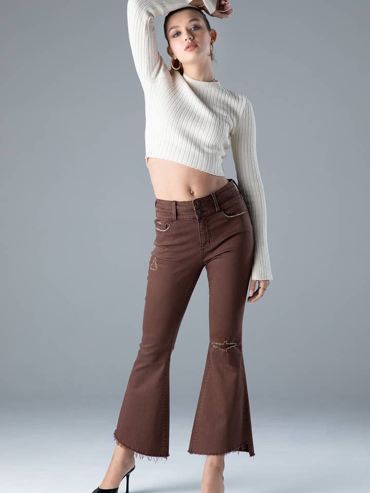 Fall Women's Mocha High Rise Distress Flare Denim Jean for wholesale by Ceros Jeans