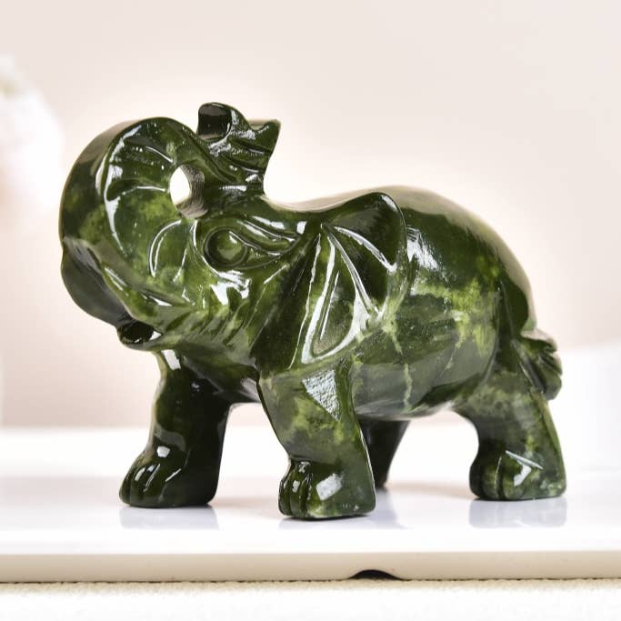 4.5“ Large Green Jade Elephant Figurine | Carved Stone Decor for wholesale by Crystal Deal· Wholesale