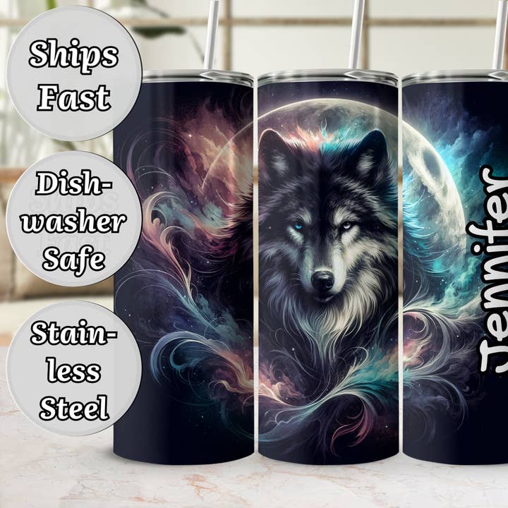 Custom Wolf Tumbler, Personalized Stainless Steel Insulated Cup, Galaxy Wolf Travel Mug, Unique Wolf Lover Gift for wholesale by FreakyTeeFactory