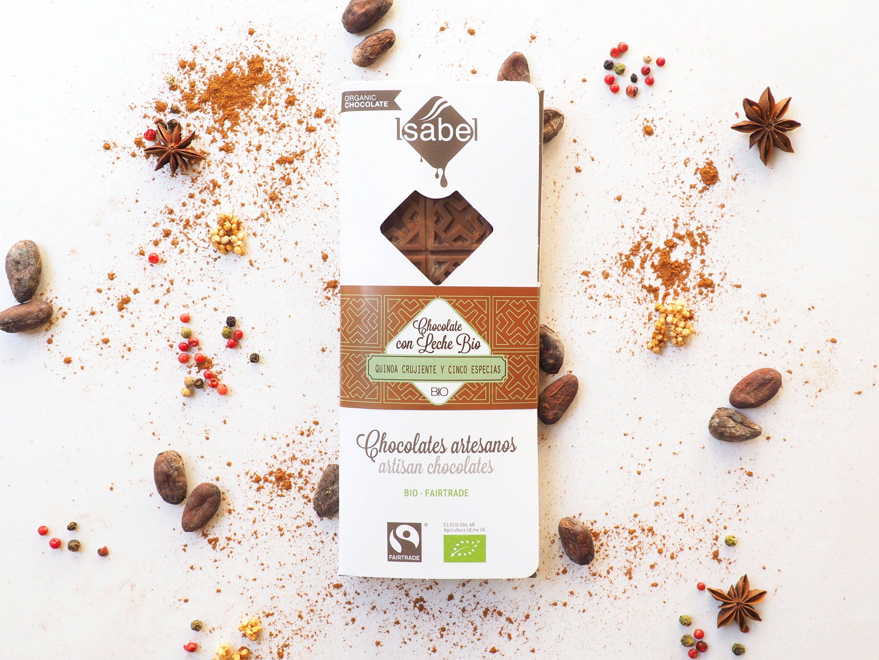 CHOCOLATES ARTESANOS ISABEL - Wholesale Chocolate Bar - BIO Chocolate tablet with MILK and crunchy QUINOA. 10u box