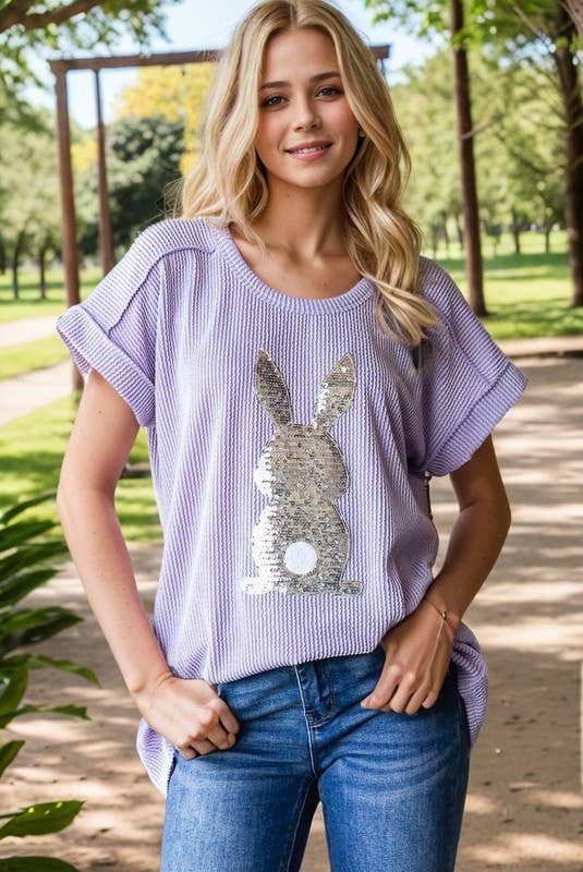 HEIMISH - Wholesale Blouse - Women's - ET7822-10 SHORT SLEEVE SOLID URBAN RIBB TOP WITH RABBIT9