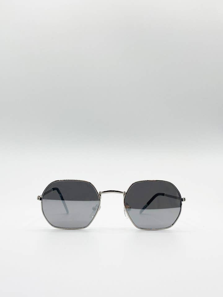 Metal Frame Hexagon Sunglasses In Silver Mirror for wholesale by AFA COLLECTIVE