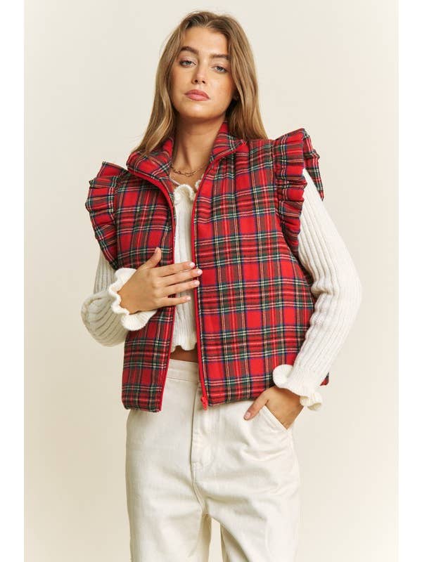 RED EVERYDAY PLAID PUFF ZIP UP VEST JACKET with ARMHOL for wholesale on Faire1